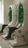 Two individuals are comfortably seated in hightech chairs near green windows photo