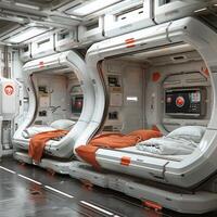 A room that contains two beds and features a sign that reads emergency on it photo