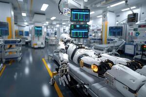 A robot can be seen lying on a hospital bed inside the operating room photo