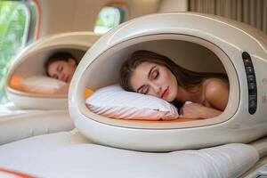 A woman is peacefully sleeping in a cozy white pod with a soft pillow photo