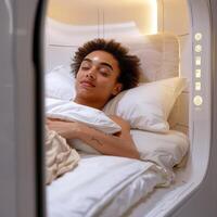 A woman adorned with a tattoo on her arm is peacefully sleeping in a bed photo