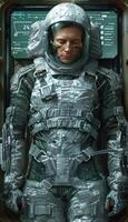 A man in a space suit stands before a screen showing the number 26 photo