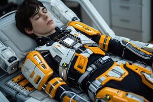 A man in a futuristic suit is resting in a hospital bed photo