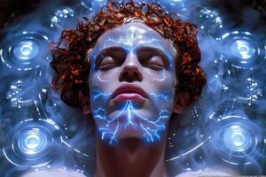A man who has blue lightning artistically painted on his face photo