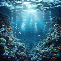 Coral reef full of fish and bubbles rising from the water photo