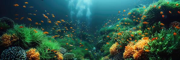 A vibrant coral reef teeming with numerous fish and bubbles in the ocean waters photo