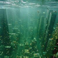 A mesmerizing underwater view of a bustling city filled with many fish photo