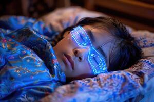 A person who is wearing glow in the dark glasses is laying on a bed photo