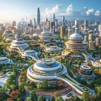 Artists view of a futuristic city with trees and buildings photo