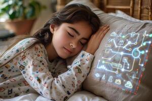 A girl sleeps on a pillow with a circuit board projected photo