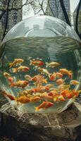 A large fish bowl that contains many different colored fish swimming inside photo