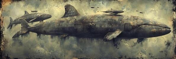A beautiful and vibrant painting depicting whales and sharks on a wall photo