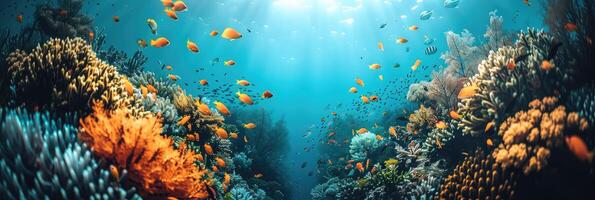 A vibrant coral reef teeming with various fish and colorful corals in the ocean photo