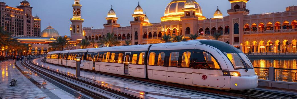 A train is on tracks in front of a lit building at night photo