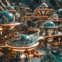 A futuristic city with many buildings and large domes photo