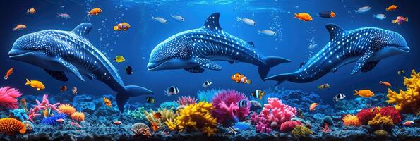 Three dolphins are gracefully swimming in the ocean near a vibrant coral reef photo