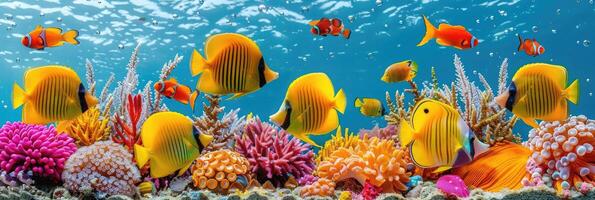 A coral reef full of diverse fish and colorful corals in the ocean photo