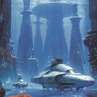 A captivating painting depicting a space ship resting in the ocean photo