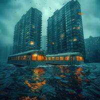 A train travels through water with buildings in the background photo