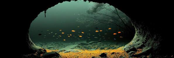 Colorful fish swim gracefully in a cave in the vast ocean photo