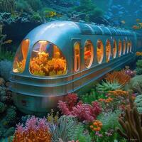 A Futuristic Underwater Train Traveling Through an Enchanting, Vibrant Coral Reef Scene photo
