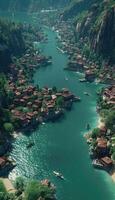 An aerial view highlights a scenic river with boats navigating photo
