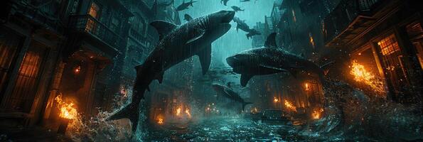 A diverse group of sharks is swimming in a dark underwater city photo