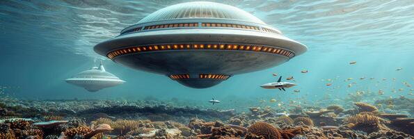 Spaceships fly over a coral reef in the vast ocean photo