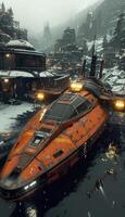 An orange spaceship is floating in water near a snowy mountain photo