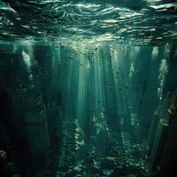A mesmerizing underwater view of a bustling city filled with many fish photo