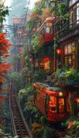 A bright red train is moving swiftly down a narrow train track photo
