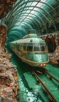 A train is traveling through a long tunnel that is filled with water photo
