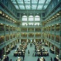 A large library that is filled with a vast number of books and people photo