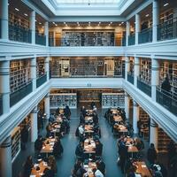 A diverse group is sitting at tables inside a library photo