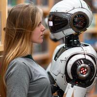A woman is gazing intently at a robot that is wearing a helmet photo