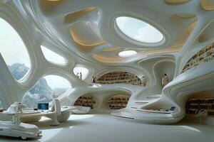 A futuristic library with an extensive collection of books on shelves photo