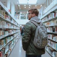 A man is standing in a large library while carrying a backpack photo