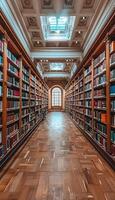 There is a long hallway filled with bookshelves situated in a library photo