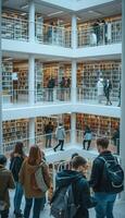 A group is inside a library, looking at books on the shelves photo