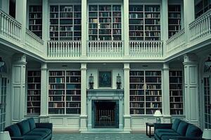 A spacious library with many books and a cozy fireplace photo