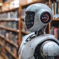 A robot is currently standing in front of a bookshelf located in a library photo