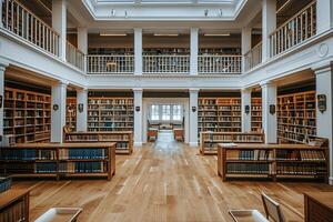 A vast and expansive library filled with numerous books organized on shelves photo