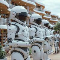 A long row of robots is meticulously lined up in front of a large building photo