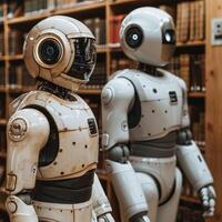 Two white robots are currently standing next to one another in a library photo