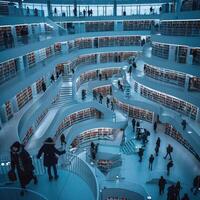 In a vast and expansive library, numerous individuals are milling about photo