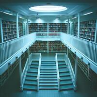 There is a library that features stairs leading up to the second floor photo