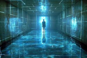 A man is standing in a tunnel with water and lights illuminating it photo