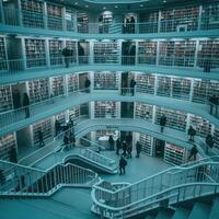 The modern library interior has a multilevel shelving system for visitors of all ages photo