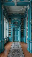 A long hallway featuring blue walls alongside a patterned rug in black and white photo