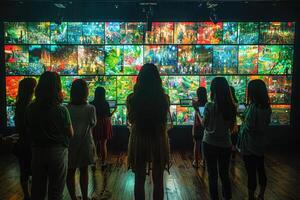 A gathering of individuals is standing together in front of a large screen photo